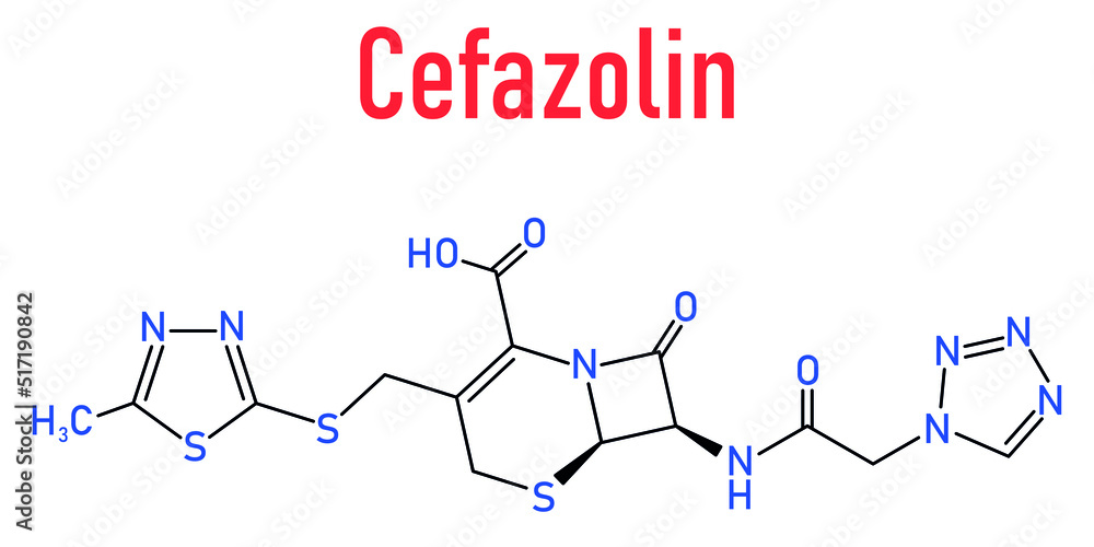Skeletal formula of Cefazolin antibiotic drug molecule. Firstgeneration cephalosporin