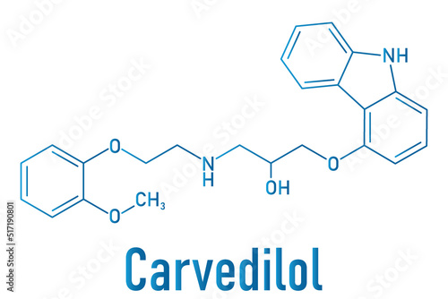 Skeletal formula of Carvedilol congestive heart failure drug molecule.