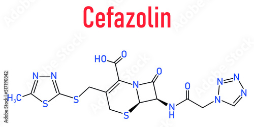 Skeletal formula of Cefazolin antibiotic drug molecule. First-generation cephalosporin antibiotic used for the treatment of a number of bacterial infections.