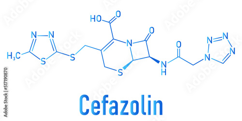 Skeletal formula of Cefazolin antibiotic drug molecule. First-generation cephalosporin antibiotic used for the treatment of a number of bacterial infections.