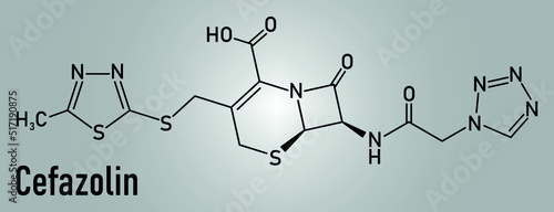 Skeletal formula of Cefazolin antibiotic drug molecule. First-generation cephalosporin antibiotic used for the treatment of a number of bacterial infections.