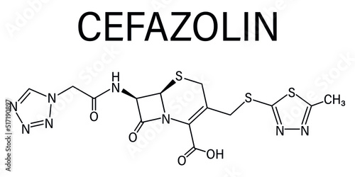 Skeletal formula of Cefazolin antibiotic drug molecule. First-generation cephalosporin antibiotic used for the treatment of a number of bacterial infections.