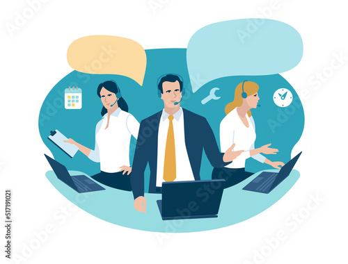 Helpdesk, call center. Customer service, hotline operators with headsets. Online technical support 24 h, Vector illustration.
