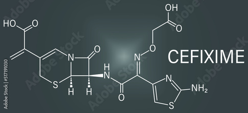 Skeletal formula of Cefixime antibiotic drug molecule.