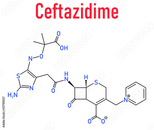 Skeletal formula of Ceftazidime cephalosporin antibiotic drug molecule.