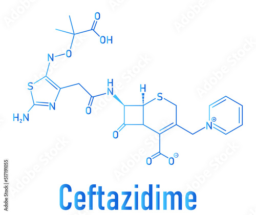 Skeletal formula of Ceftazidime cephalosporin antibiotic drug molecule.
