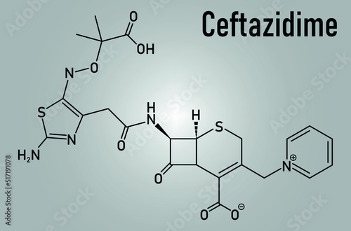 Skeletal formula of Ceftazidime cephalosporin antibiotic drug molecule.