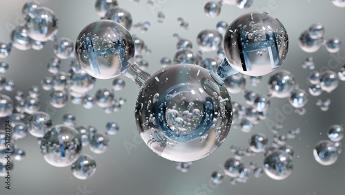 Water molecules, Molecular chemical formula H2O, odorless, Ball and Stick chemical structure model, Macro Liquid Bubbles, particles inside droplet, 3d render