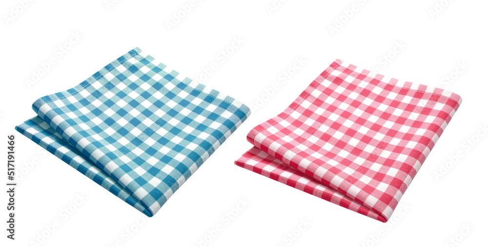 Red and blue checkered tablecloth top view isolated on white, food decor design element.Folded kitchen towel.Picnic cloth. Red and blue checkered tablecloth top view isolated on white, food decor design element.Folded kitchen towel.Picnic cloth.