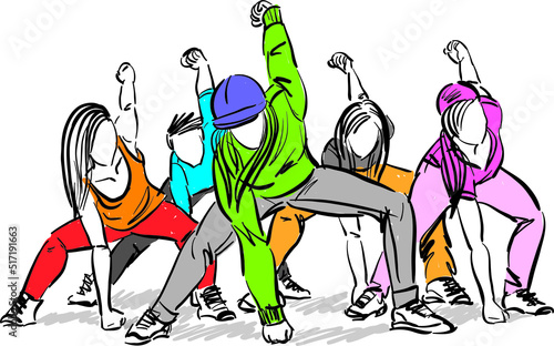 group of hip hop dances young people fitness vector illustration