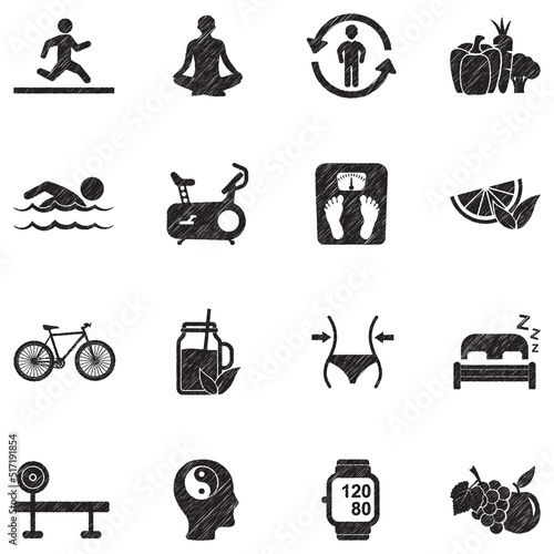 Healthy Life Icons. Black Scribble Design. Vector Illustration.