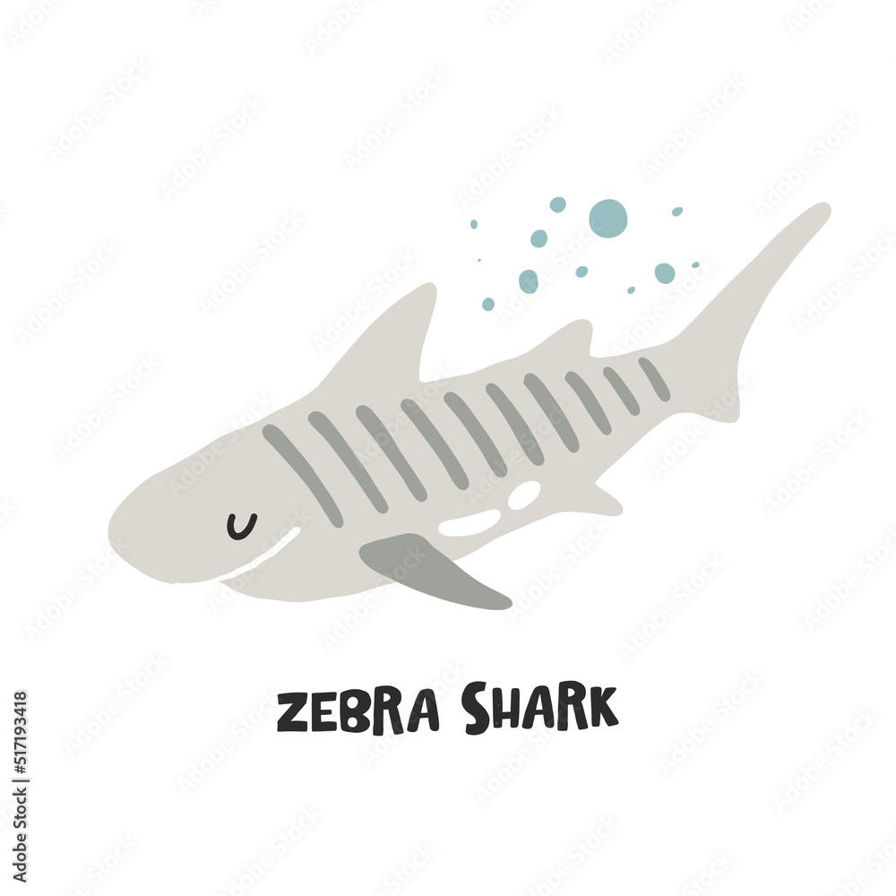 Zebra shark. Hand drawn vector cartoon illustration for kids. Amusing