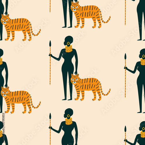 African woman with weapon and angry tiger hand drawn vector illustration. Beautiful black girl with spear and wild cat seamless pattern for fabric or wallpaper.