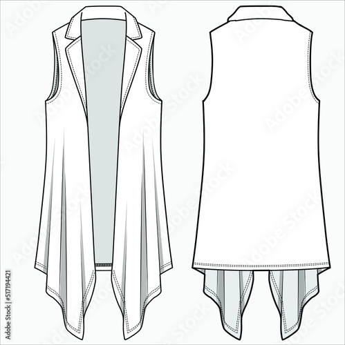 SLEEVELESS HANDKERCHEIF HEMLINE NOTCH COLLAR WOMEN SHRUG IN VECTOR FILE
