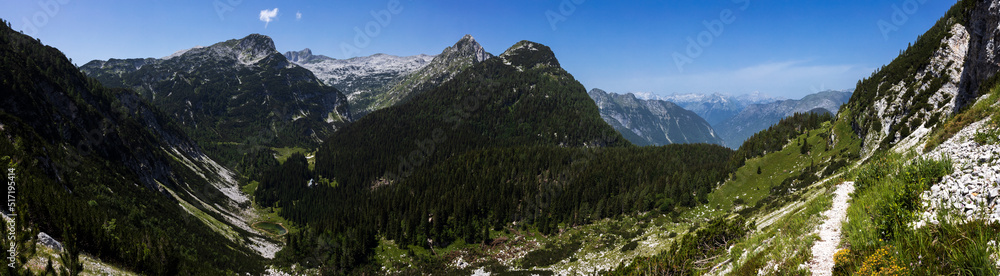 Wide Panorama From mount Krn to Lake of Duplje in Triglav National Park Slovenia from hiking Trail to Velika Baba