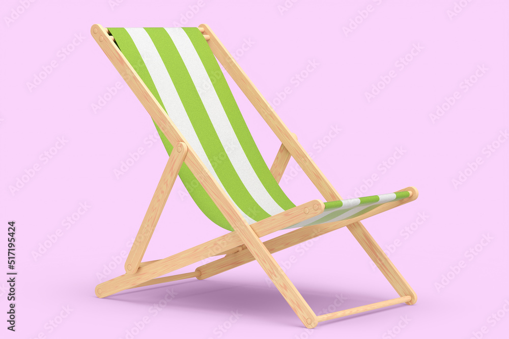 Green striped beach chair for summer getaways isolated on pink background.