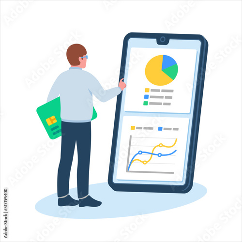 Mobile banking man with credit card smartphone dashboard analytics vector illustration