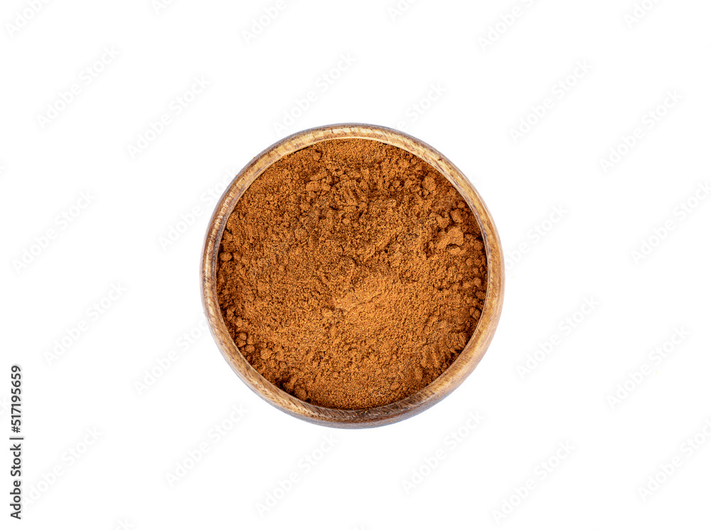 Top view of a wooden bowl full of ground red pepper on a white background. Top view of a wooden bowl full of ground red pepper on a white background.