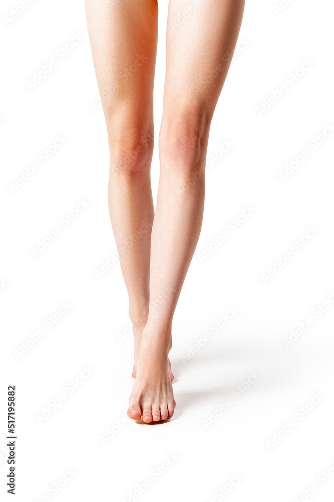 Long pretty woman legs on white background Long pretty woman legs on white background