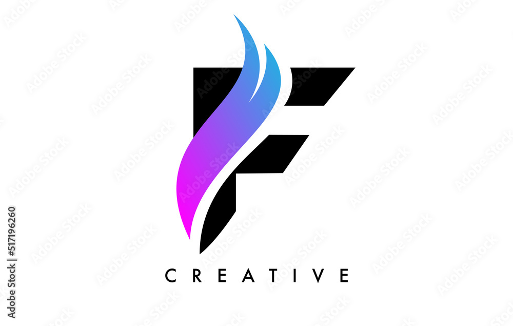 Letter F Logo Icon Design with Purple Swoosh and Creative Curved Cut Shape Vector