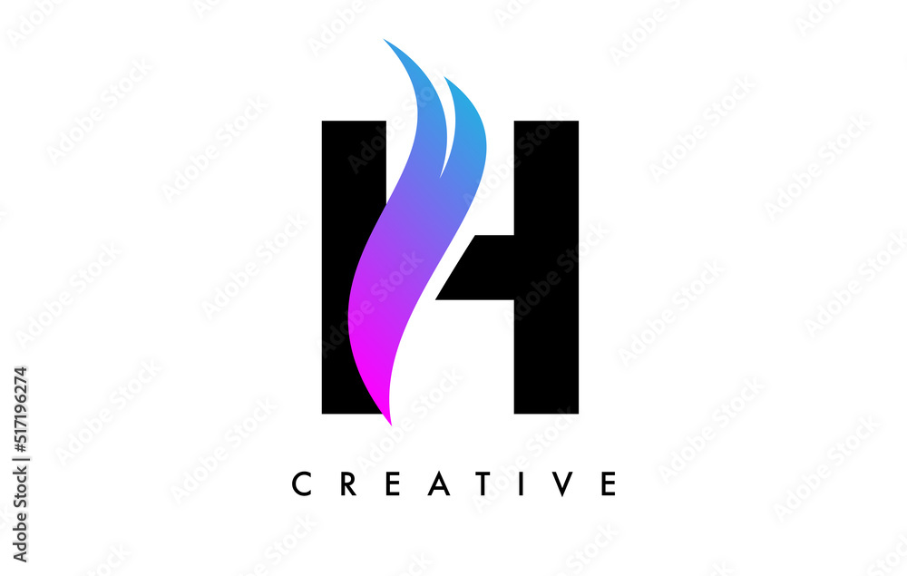 Letter H Logo Icon Design with Purple Swoosh and Creative Curved Cut Shape Vector Letter H Logo Icon Design with Purple Swoosh and Creative Curved Cut Shape Vector