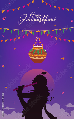Happy Janmashtami text with Lord Krishna playing flute and Dahi handi vector illustration with background, The Indian festival Janmashtami celebration banner, digital post, poster, and card design