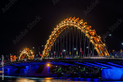 Night view of Dragon bridge, Da Nang, Vietnam.
