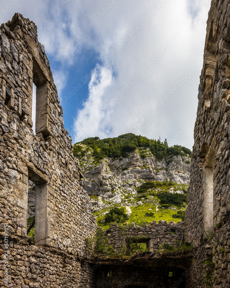 World War One Fortress Ruins in Mali Lepoc near Lake Krn in Triglav National Park, Slovenia.
