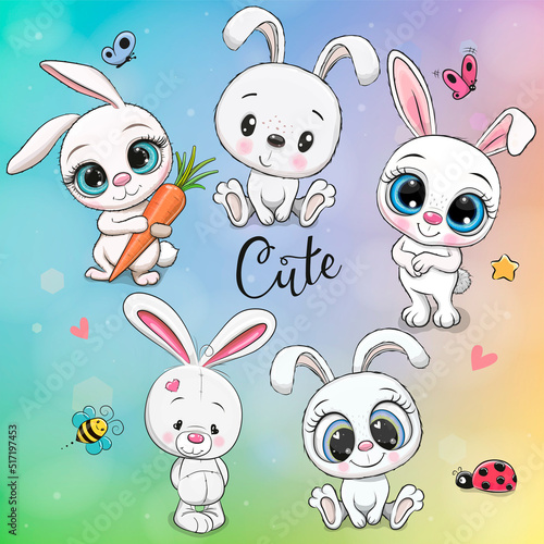 Cartoon White Rabbits isolated on a rainbow background