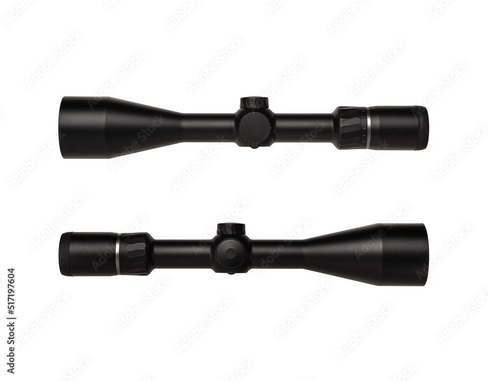 Modern black optical sight. Optical device for aiming at long distances. Isolate on a white back Modern black optical sight. Optical device for aiming at long distances. Isolate on a white back