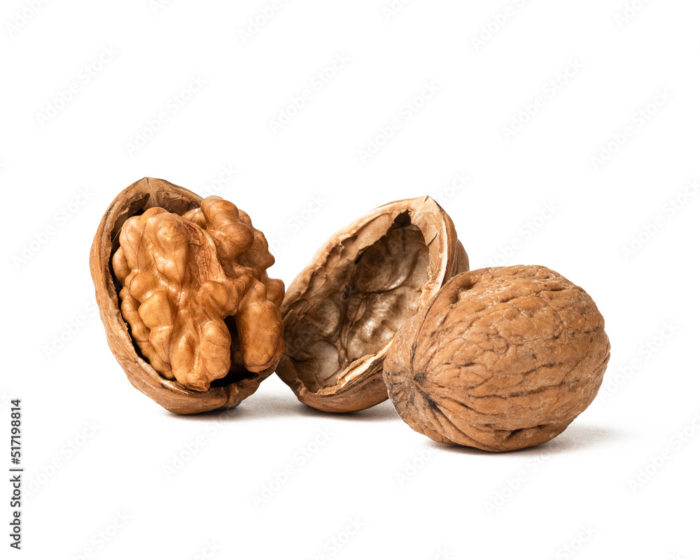 Walnut on white background. Peeled walnut on white. Half Walnut isolate. Full depth of field. Walnut on white background. Peeled walnut on white. Half Walnut isolate. Full depth of field.
