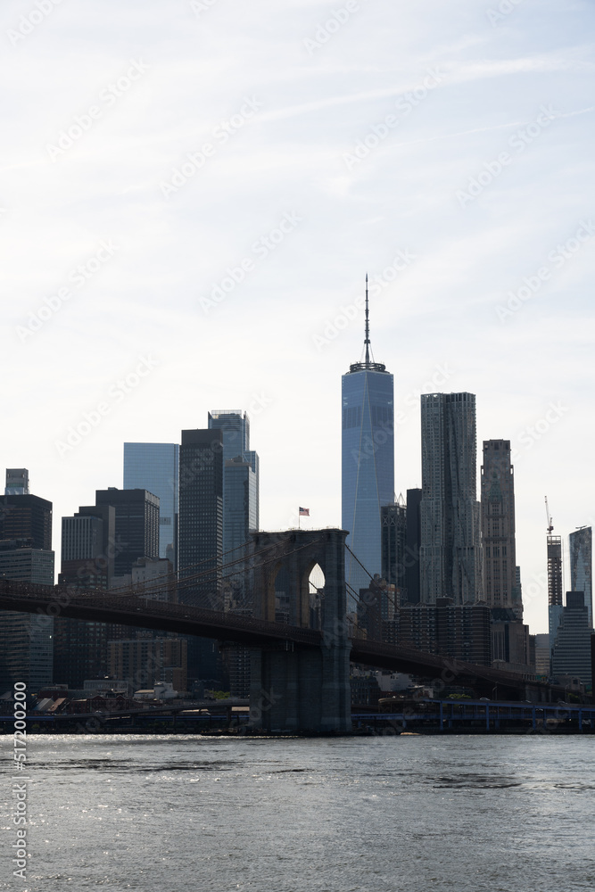 Lower Manhattan skyline and Brooklyn Bridge, seen from Brooklyn, across the East River (June 2022)