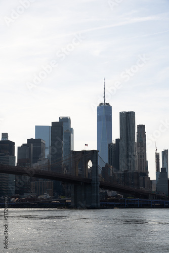 Lower Manhattan skyline and Brooklyn Bridge, seen from Brooklyn, across the East River (June 2022)