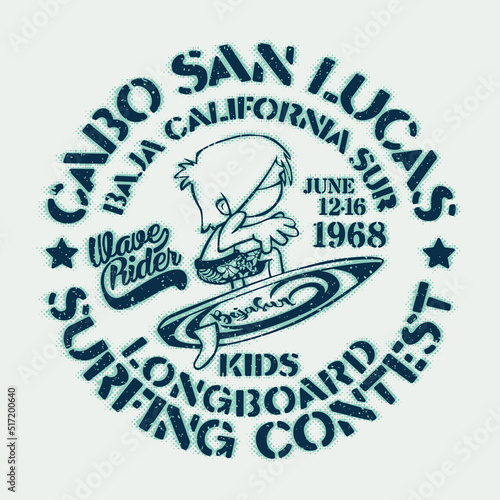 Baja California kids longboard surfing team cute vector print for children wear grunge effect in separate layer