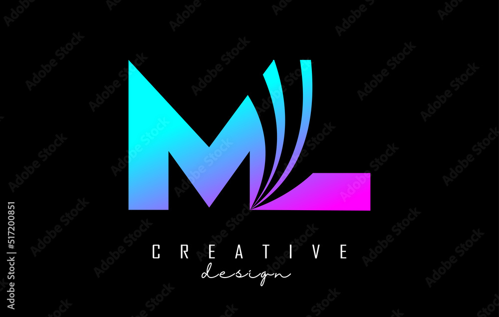 Creative colorful letters ML m l logo with leading lines and road concept design. Letters with geometric design. Creative colorful letters ML m l logo with leading lines and road concept design. Letters with geometric design.