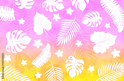 モンステラと夏の植物、ピンクと黄色の明るい背景