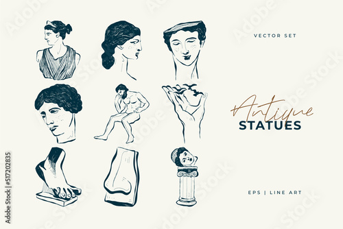 Linear drawings of heads of antique statues of the goddess and mythical god in the engraving style. Creative minimal linear woman vector with growing branch from her head.