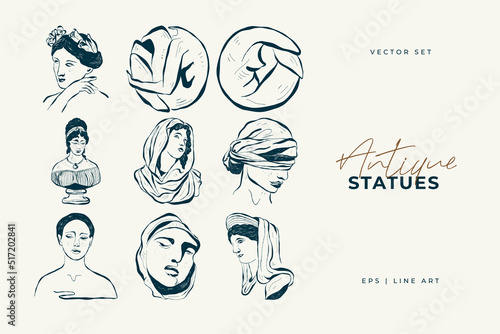 Linear drawings of heads of antique statues of the goddess and mythical god in the engraving style. Creative minimal linear woman vector with growing branch from her head.
