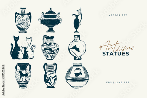 Linear drawings of heads of antique statues of the goddess and mythical god in the engraving style. Creative minimal linear woman vector with growing branch from her head.