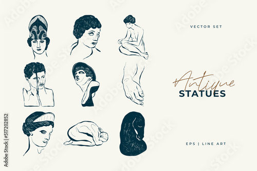 Linear drawings of heads of antique statues of the goddess and mythical god in the engraving style. Creative minimal linear woman vector with growing branch from her head.