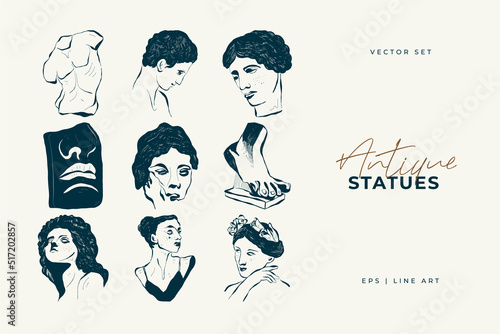 Linear drawings of heads of antique statues of the goddess and mythical god in the engraving style. Creative minimal linear woman vector with growing branch from her head.