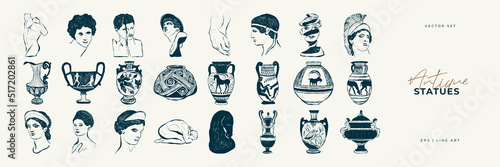 Linear drawings of heads of antique statues of the goddess and mythical god in the engraving style. Creative minimal linear woman vector with growing branch from her head.