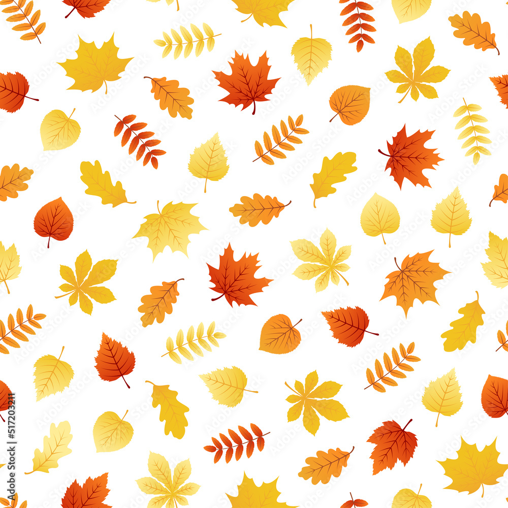 Autumn seamless pattern with colorful leaves of maple, rowan, oak, elm, birch, chestnut. Print for wrapping paper, fabric, web design. Vector flat design illustration. White background