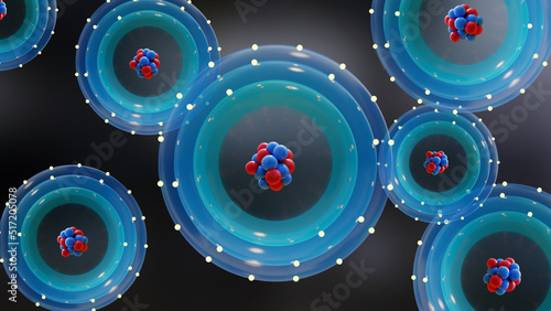 Atom anatomy, Atomic model or structure, electrons orbiting the nucleus particles, Single atom and its electron cloud. Quantum mechanics and atomic, Neutrons and protons, 3d render photo