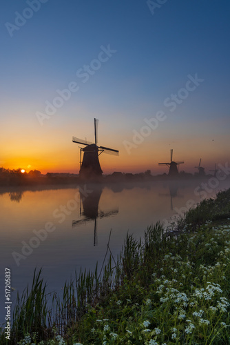 Traditional Dutch windmills with a colourful sky just before sunrise in Kinderdijk, The Netherlands