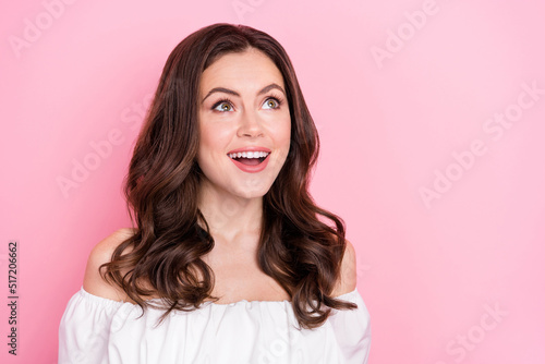 Portrait of excited amazed good mood lady see black friday coupons bargains promo isolated on pink color background