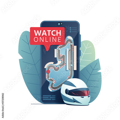 Smartphone with a racing track and a racing helmet. Motorsport online. Watch motorsport, online. Auto racing on a smartphone. Vector illustration