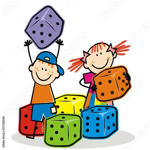 A group of dices and children, boy and girl, humorous vector illustration