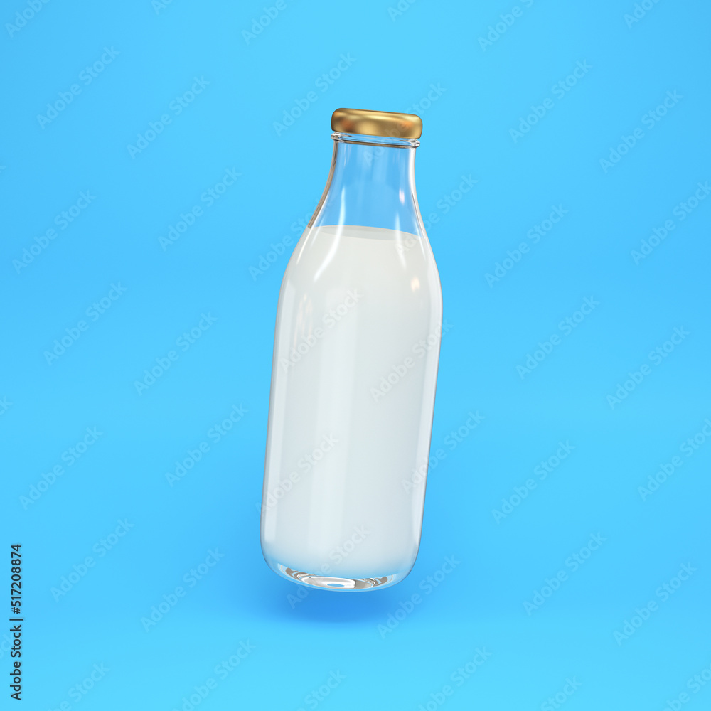 Glass bottle with milk floating on a blue background, 3d render Glass bottle with milk floating on a blue background, 3d render