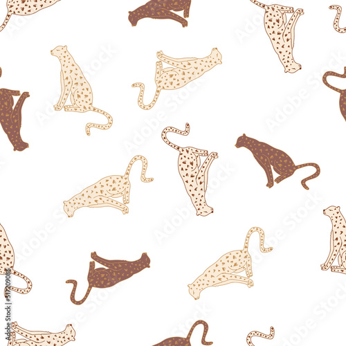 Doodle cheetah seamless pattern. Hand drawn cute leopard endless wallpaper. Wild animals background.